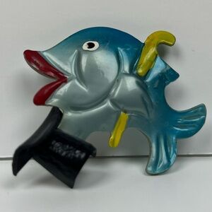 Vintage Plastic Fish with Cane & Top Hat Brooch Pin Large Thin Molded